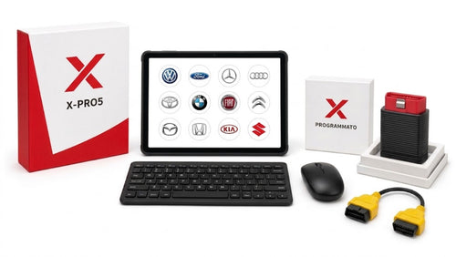 Kit workstation X-PRO5: tablet con software diagnosi multimarca, tastiera, mouse, interfaccia OBD Bluetooth e confezione