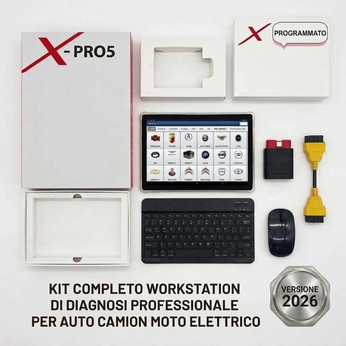 Contenuto del kit X-PRO5: tablet, tastiera, mouse, interfaccia OBD, cavo adattatore e confezioni